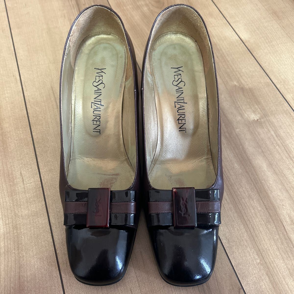 イヴサンローラン パンプス リボン ブラウン　レザー　シューズ　靴　レディース 37 YSL 23.5cm ローファー二手;物流保障;没有明显的损伤或污渍