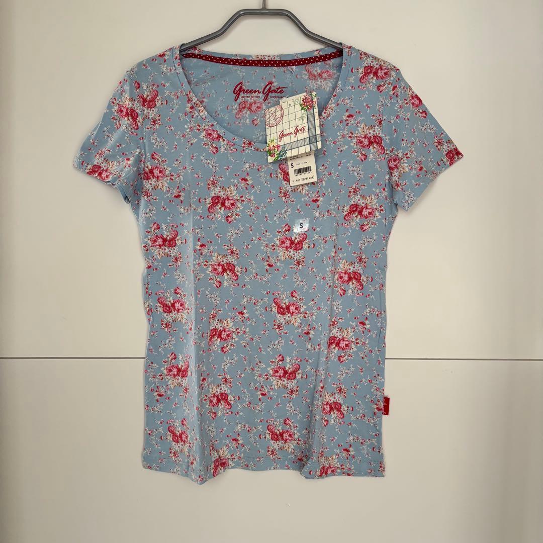 新品 ユニクロ グリーンゲート クルーネックT 半袖 Tシャツ 花柄 水色 S