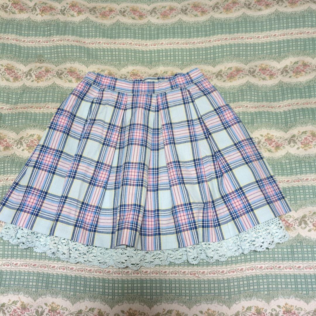 メゾピアノの青とピンクのチェック柄プリーツスカート130cm有些许损伤或污渍